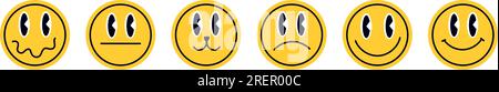 Retro Sticker Set. Cool abstract emoji with happy smiles. Trendy patches and badges featuring graphics. Modern labels for a unique background. Flat il Stock Vector