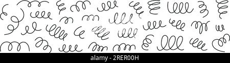 Lines of spirals, springs, icons geometrically looped, shapes coiled, squiggles in graphics, zigzagging wires, oval thin designs, circle doodles. Flat Stock Vector