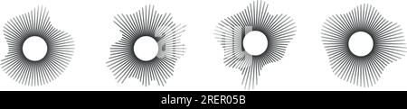 Sound waves in circular forms, linked with audio music, round voice icons, logos for equalizers, radial spectrums, rings in patterns. Flat vector illu Stock Vector