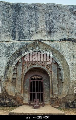 12 24 2014 Entrance of Barabar Caves,oldest man made caves built by cutting these granite hills in Bihar by Mauryan Empire of Magadh Jahanabad, Bihar, Stock Photo