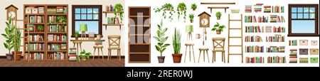 Reading room interior design with bookcases and plenty of books and houseplants. Cozy old library interior design. Furniture set. Interior constructor Stock Vector