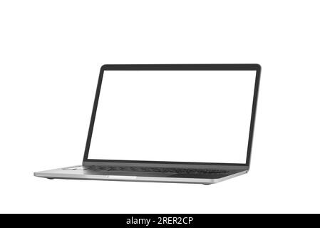 Gray metallic laptop notebook with blank screen isolated on white background. Digital device mockup, template, copy space for text. Business, office, Stock Photo