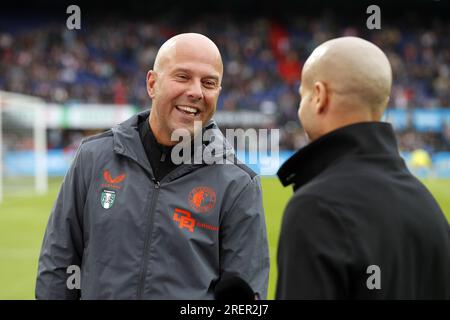 ROTTERDAM - (lr) Feyenoord coach Arne Slot, Karim el Ahmadi during the friendly match between Feyenoord and Villareal CF at Feyenoord Stadion de Kuip on July 27, 2023 in Rotterdam, Netherlands. AP | Dutch Height | BART STOUTJESDYK Stock Photo