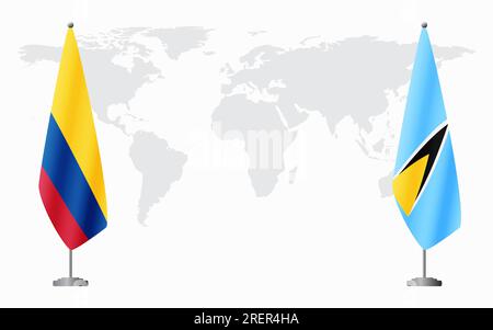 Colombia and Saint Lucia flags for official meeting against background of world map. Stock Vector