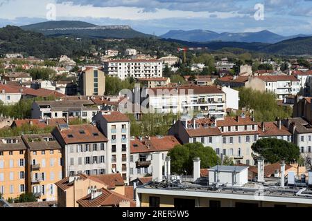 Surrounding Hills & Panorama, Panoramic View, Aerial View or High-Angle View over Aix or Aix-en-Provence France Stock Photo