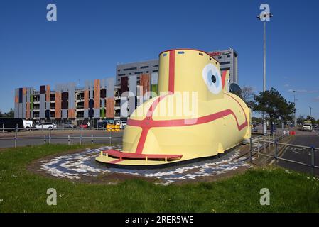 Giant Yellow Submarine Outside Liverpool John Lennon Airport Liverpool England UK Stock Photo