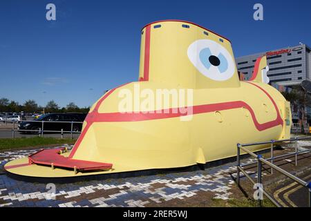 Giant Yellow Submarine Outside Liverpool John Lennon Airport Liverpool England UK Stock Photo