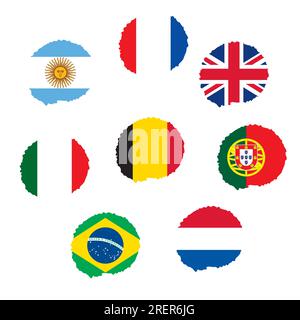Country flags: Argentina, France, England, Italy, Belgium, Portugal, Netherlands, Brazil. Vector illustration of flags. Sports banners, flyers. Stock Vector