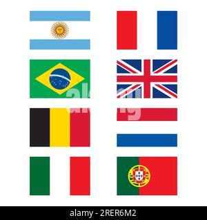 Country flags: Argentina, France, England, Italy, Belgium, Portugal, Netherlands, Brazil. Vector flags in horizontal shape. Sports banners, flyers. Stock Vector