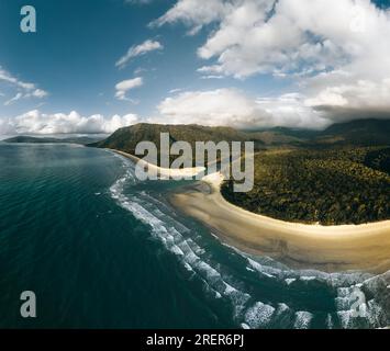 An aerial view of Myall Beach at Cape Tribulation in daintree national park in Tropical North Queensland, Australia Stock Photo