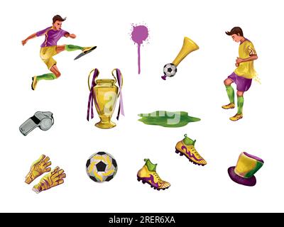 Football boots, ball, whistle, fan's hat and pipe, football players, champion cup, gloves. Vector football set. Sports banners, flyers, invitations. Stock Vector