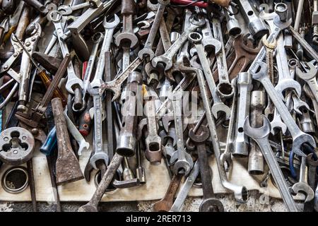 Barcelona, Spain - Jun 30th, 2023: lots of old socket wrenches for sale. Encants market, Barcelona, Spain Stock Photo