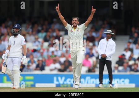 Mitchell Starc of Australia celebrates the dismissal of Jonny Bairstow of England during the LV= Insurance Ashes Fifth Test Series Day Three match England vs Australia at The Kia Oval, London, United Kingdom, 29th July 2023  (Photo by Gareth Evans/News Images) Stock Photo