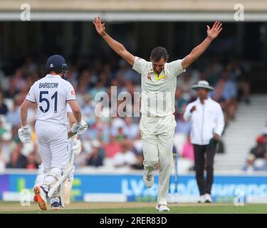 Mitchell Starc of Australia celebrates the dismissal of Jonny Bairstow of England during the LV= Insurance Ashes Fifth Test Series Day Three match England vs Australia at The Kia Oval, London, United Kingdom, 29th July 2023  (Photo by Gareth Evans/News Images) Stock Photo