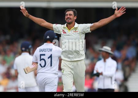 Mitchell Starc of Australia celebrates the dismissal of Jonny Bairstow of England during the LV= Insurance Ashes Fifth Test Series Day Three match England vs Australia at The Kia Oval, London, United Kingdom, 29th July 2023  (Photo by Gareth Evans/News Images) Stock Photo