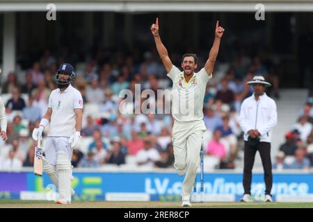 London, UK. 29th July, 2023. Mitchell Starc of Australia celebrates the dismissal of Jonny Bairstow of England during the LV= Insurance Ashes Fifth Test Series Day Three match England vs Australia at The Kia Oval, London, United Kingdom, 29th July 2023 (Photo by Gareth Evans/News Images) in London, United Kingdom on 7/29/2023. (Photo by Gareth Evans/News Images/Sipa USA) Credit: Sipa USA/Alamy Live News Stock Photo