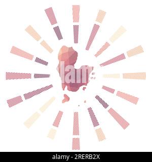 Redang Island sunburst. Low poly striped rays and map of the island. Radiant vector illustration. Stock Vector