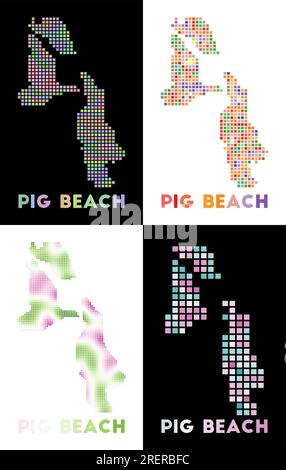 Pig Beach map. Collection of map of Pig Beach in dotted style. Borders of the island filled with rectangles for your design. Vector illustration. Stock Vector