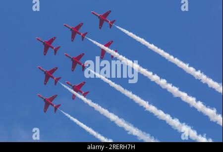 Old Buckenham Aerodrome, Norfolk, UK. 29th Jul 2023. The RAF Aerobatic Team, the Red Arrows displaying at the Old Buckenham Airshow. Credit: Stuart Robertson/Alamy Live News. Stock Photo