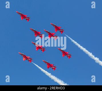 Old Buckenham Aerodrome, Norfolk, UK. 29th Jul 2023. The RAF Aerobatic Team, the Red Arrows displaying at the Old Buckenham Airshow. Credit: Stuart Robertson/Alamy Live News. Stock Photo