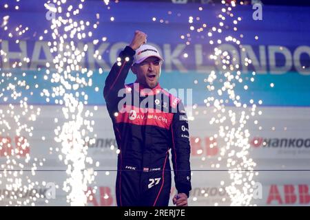 London, UK. 29th July, 2023. 7/29/2023 - Jake Dennis, Avalanche Andretti Formula E, 2nd position, celebrates championship victory on the podium during the Formula E Round 15 - London E-Prix in London, Great Britain. (Photo by Nick Dungan/Motorsport Images/Sipa USA) Credit: Sipa USA/Alamy Live News Stock Photo