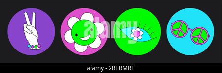 Groovy hippie circle sticker 70s set. Funny cartoon bright neon colors - flower, love, rainbow, peace, heart, daisy, mushroom, eye. Psychedelic pack Stock Vector