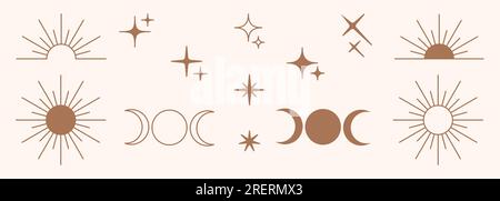 Modern minimalist aesthetic line element set in trendy boho style. Modern Y2K linear and silhouette vector design outline elements - geometric form Stock Vector