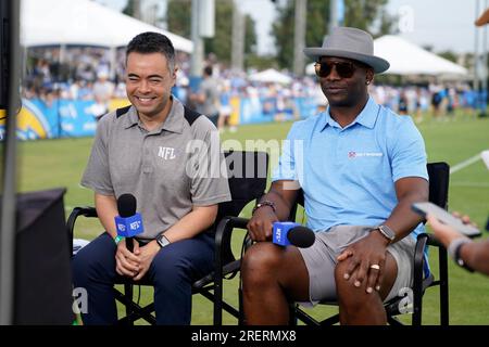 NFL Network's Mike Yam, left, and LaDainian Tomlinson broadcast during the  NFL football team's training camp, Saturday, July 29, 2023, in Costa Mesa,  Calif. (AP Photo/Ashley Landis Stock Photo - Alamy