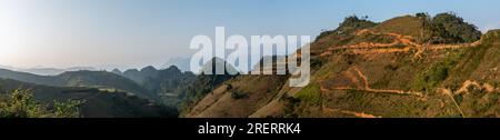 A panoramic evening view over the mountains, hills and rice terraces at Moc Chau, Son La Province, in northern Vietnam Stock Photo