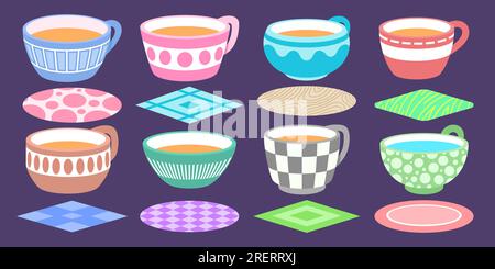 Set of different cups an coasters for them. Stock Vector