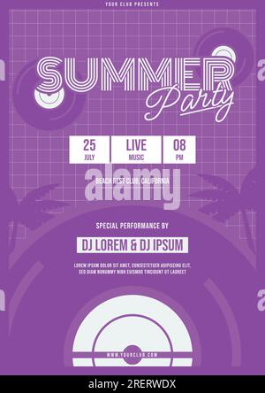 summer party vaporwave retro 90s art modern future flat design flyer with purple background and object element vinyl record cd compact disk for live Stock Vector