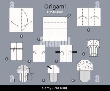 Origami tutorial for kids. Origami cute fly agaric Stock Vector