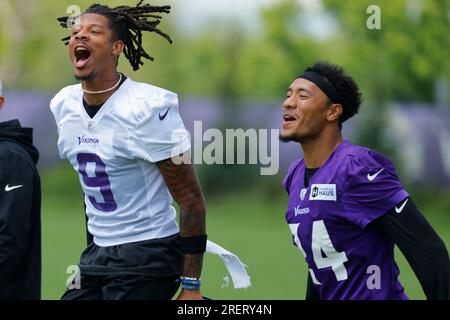 Minnesota Vikings wide receiver Trishton Jackson (9) in action during the  first half of an NFL preseason football game against the Arizona Cardinals,  Saturday, Aug. 26, 2023 in Minneapolis. (AP Photo/Stacy Bengs