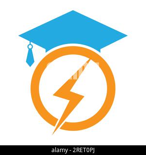 Flash student vector logo template. Education logo with graduation cap and thunder icon. Stock Vector