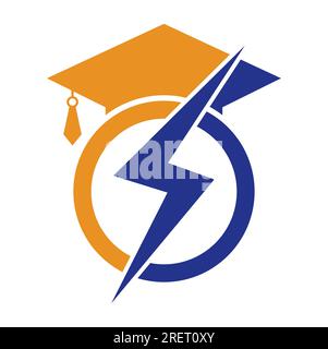 Flash student vector logo template. Education logo with graduation cap and thunder icon. Stock Vector