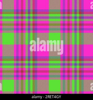 Plaid texture fabric of check pattern tartan with a textile vector background seamless in violet and green colors. Stock Vector