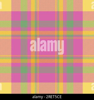 Check background textile of plaid tartan vector with a seamless pattern texture fabric in pink and yellow colors. Stock Vector