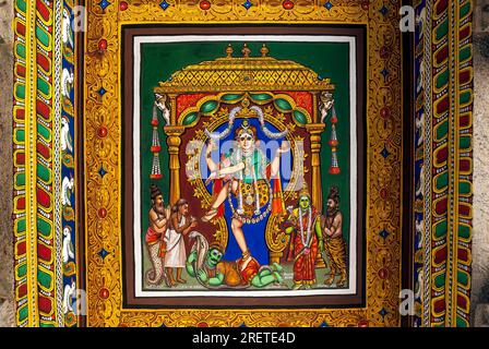Lord Nataraja, Paintings murals on temple ceiling at Iraniyur near Karaikudi, Tamil Nadu, South India, India, Asia Stock Photo