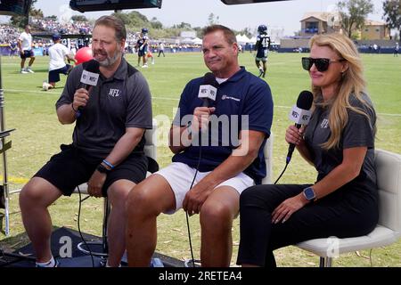 The NFL Network's Chris Rose, left, and Brain Baldinger, center, interview  Dallas Cowboys head coach Mike McCarthy at the Cowboys' NFL football  training camp Saturday, July 29, 2023, in Oxnard, Calif. (AP