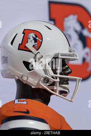 Englewood, Colorado, USA. 28th July, 2023. The Denver Broncos unveil the  new Snowcapped alternate Helmet during Training Camp Saturday morning.  (Credit Image: © Hector Acevedo/ZUMA Press Wire) EDITORIAL USAGE ONLY! Not  for Commercial