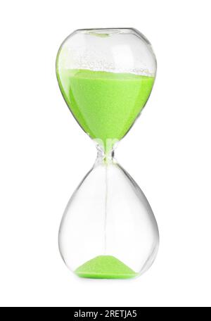 Hourglass with light green flowing sand isolated on white Stock Photo