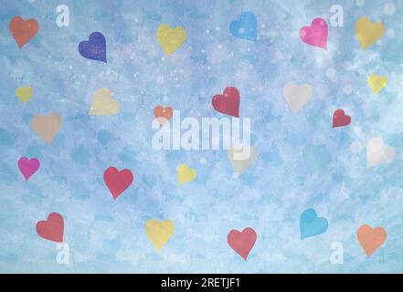 blue background with orange yellow and pink grungy circle on some hearts Stock Photo