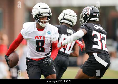 Atlanta Falcons' Jaylinn Hawkins (right) makes an interception during the  match which is part of the NFL London Games at Tottenham Hotspur Stadium,  London. Picture date: Sunday October 10, 2021 Stock Photo - Alamy