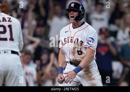 Houston Astros' Jake Meyers celebrates after scoring on a three-run double  by Jeremy Pena against the Tampa Bay Rays during the fourth inning of a  baseball game Saturday, July 29, 2023, in