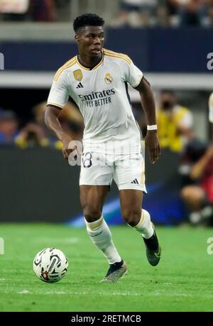 Arlington, Texas, USA. 29th July, 2023. July 29, 2023- Arlington, Texas-Real Madrid AURELIEN TCHOUAMENI (18) controls the ball during the Soccer Champions Tour friendly match between Real Madrid and FC Barcelona at AT&T Stadium. (Credit Image: © Jerome Hicks/ZUMA Press Wire) EDITORIAL USAGE ONLY! Not for Commercial USAGE! Stock Photo