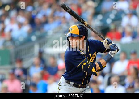 ATLANTA, GA - JULY 29: Milwaukee Brewers designated hitter and former Brave William  Contreras (24) circles the bases after hitting a home run in the 8th inning  during the Saturday evening MLB