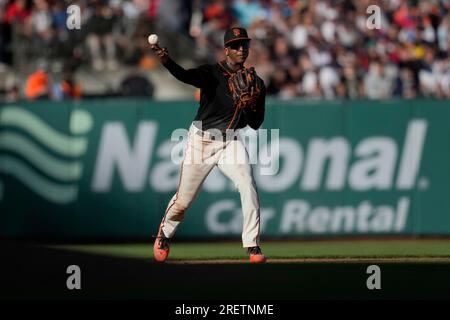 LOS ANGELES, CA - SEPTEMBER 21: San Francisco Giants shortstop Marco Luciano  (37) looks on during the MLB game between the San Francisco Giants and the  Los Angeles Dodgers on September 24