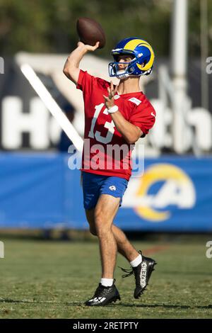 Los Angeles Rams quarterback Stetson Bennett (13) passes the ball during an  NFL preseason game. The Chargers defeated the Rams 34-17 on Saturday, Aug  12, 2023 in Inglewood, Calif. (Ed Ruvalcaba/Image of