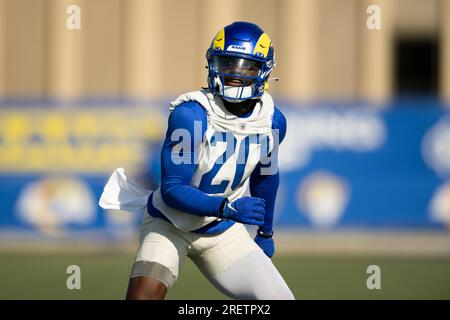 Los Angeles Rams cornerback Tyon Davis (20) runs during the NFL football  team's training camp Saturday, July 29, 2023, in Irvine, Calif. (AP  Photo/Kyusung Gong Stock Photo - Alamy