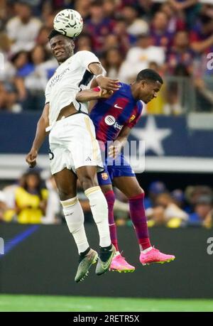 Arlington, Texas, USA. 29th July, 2023. Real Madrid's AURELIEN TCHOUAMENI (18) plays the ball during the Soccer Champions Tour friendly match between Real Madrid and FC Barcelona at AT&T Stadium in Arlington. (Credit Image: © Jerome Hicks/ZUMA Press Wire) EDITORIAL USAGE ONLY! Not for Commercial USAGE! Stock Photo